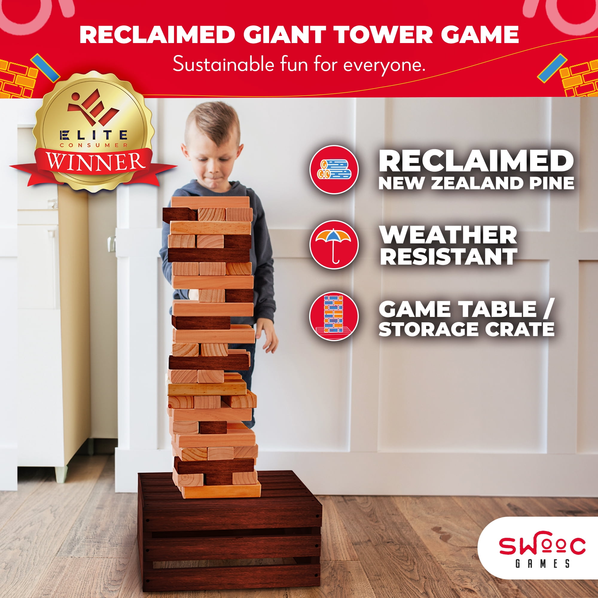 SWOOC Games - Reclaimed Giant Tower Game (Weather Resistant) 60 Blocks + Storage Crate / Outdoor Game Table | Stacks up to 5ft | Giant Outdoor Games For Adults | Large Yard Games | Jumbo Lawn Games