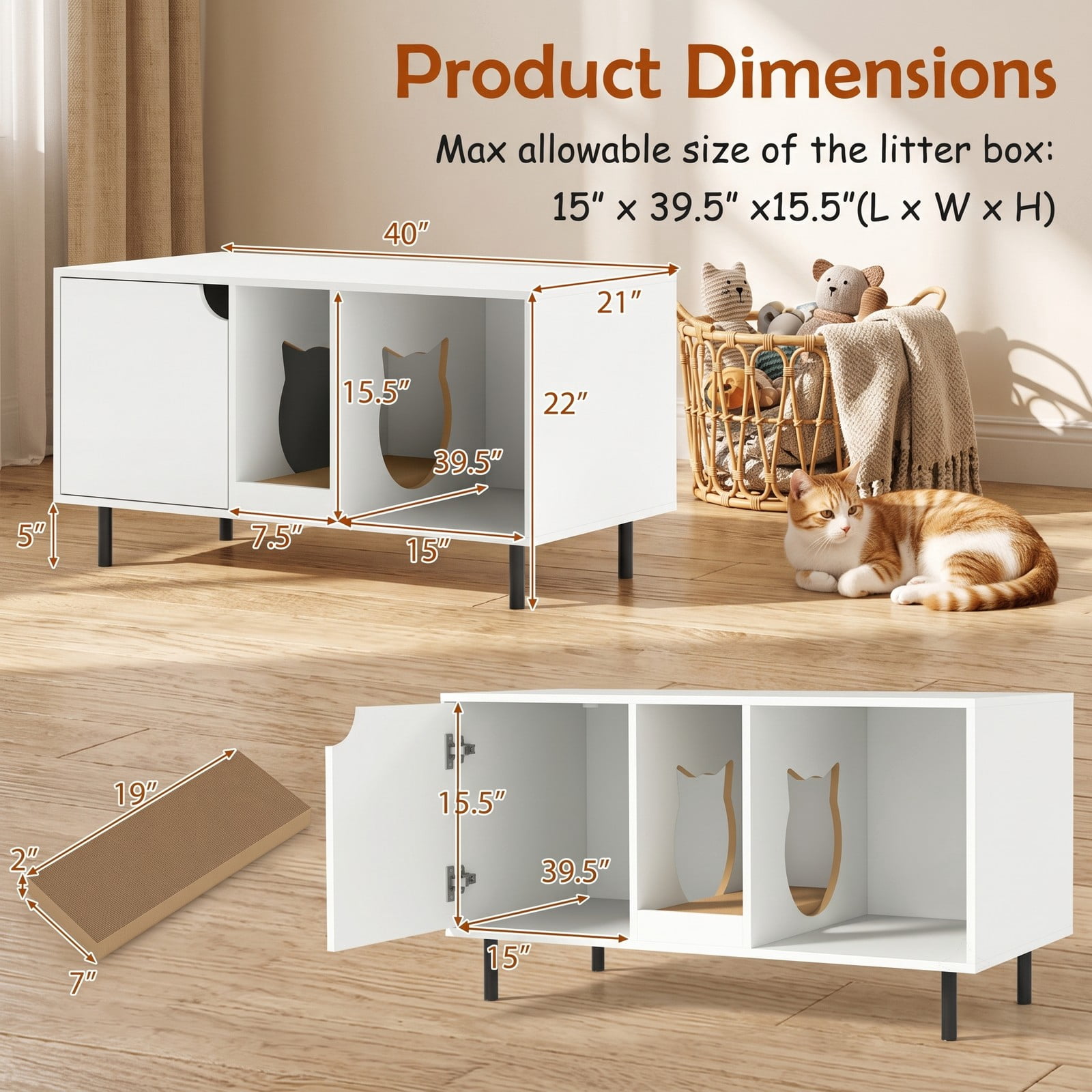ALPULON 40 Inch Cat Litter Box Enclosure for 2 Cats, Hidden Cat Washroom Furniture with Scratching Board, Side Table Litter Box Cabinet with Countertop and, White