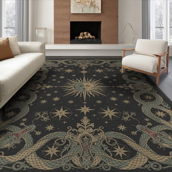 ODIKA 8'x10' Washable Area Rug Snake Vintage Celestial Design With Gothic Star Border And Serpent Coils for Dining Room, Large Office, Lounge, Non-Slip Chair-Friendly Mat