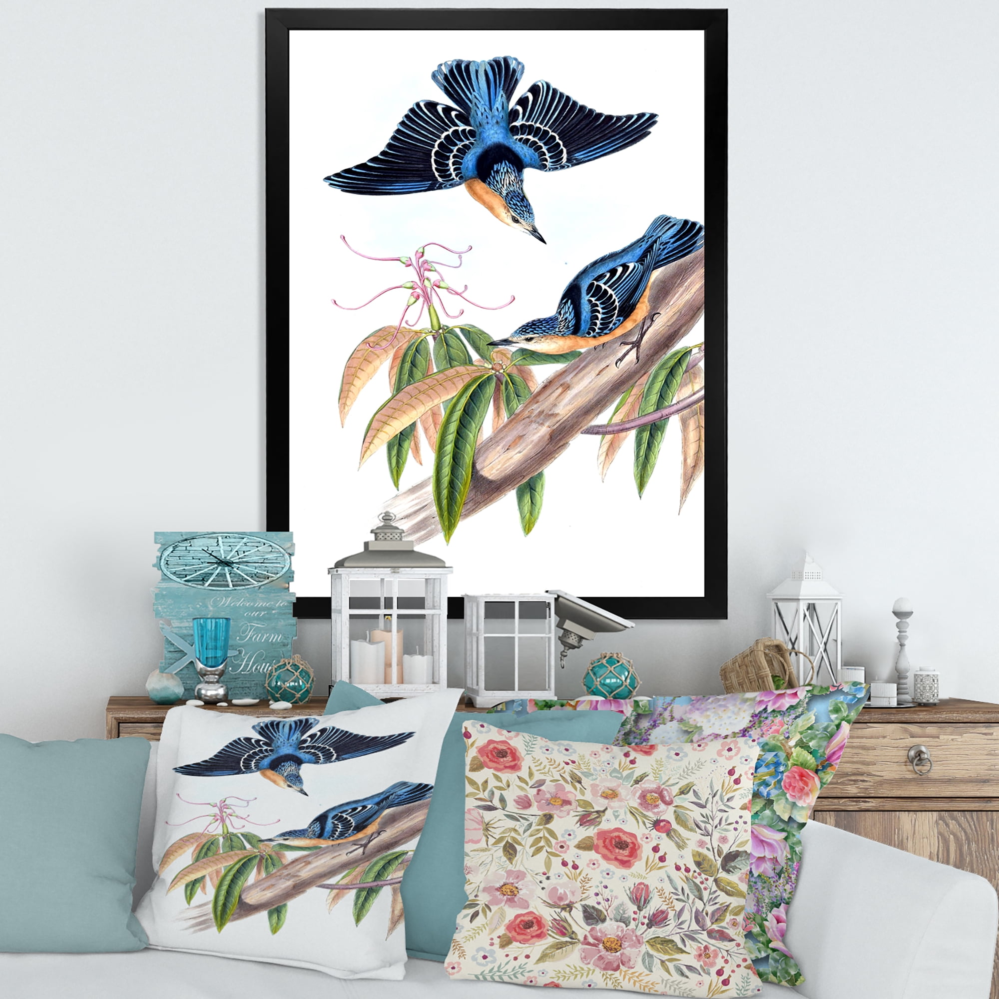 Designart 'Vintage Countryside Birds On Branch V' Farmhouse Framed Art Print
