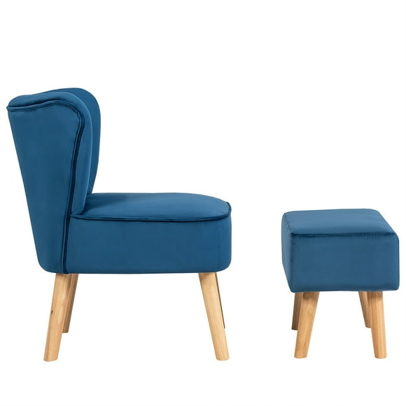 Topbuy Chair Ottoman Set Modern Curved Tufted Sofa Chair Set with Velvet Upholstery Blue