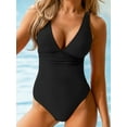 thumbnail image 7 of Cupshe Women's Essential One Piece Swimsuit Black Ginger Ribbed Plunging V-neckline & Ruched One-Piece Swimwear Set, 7 of 7