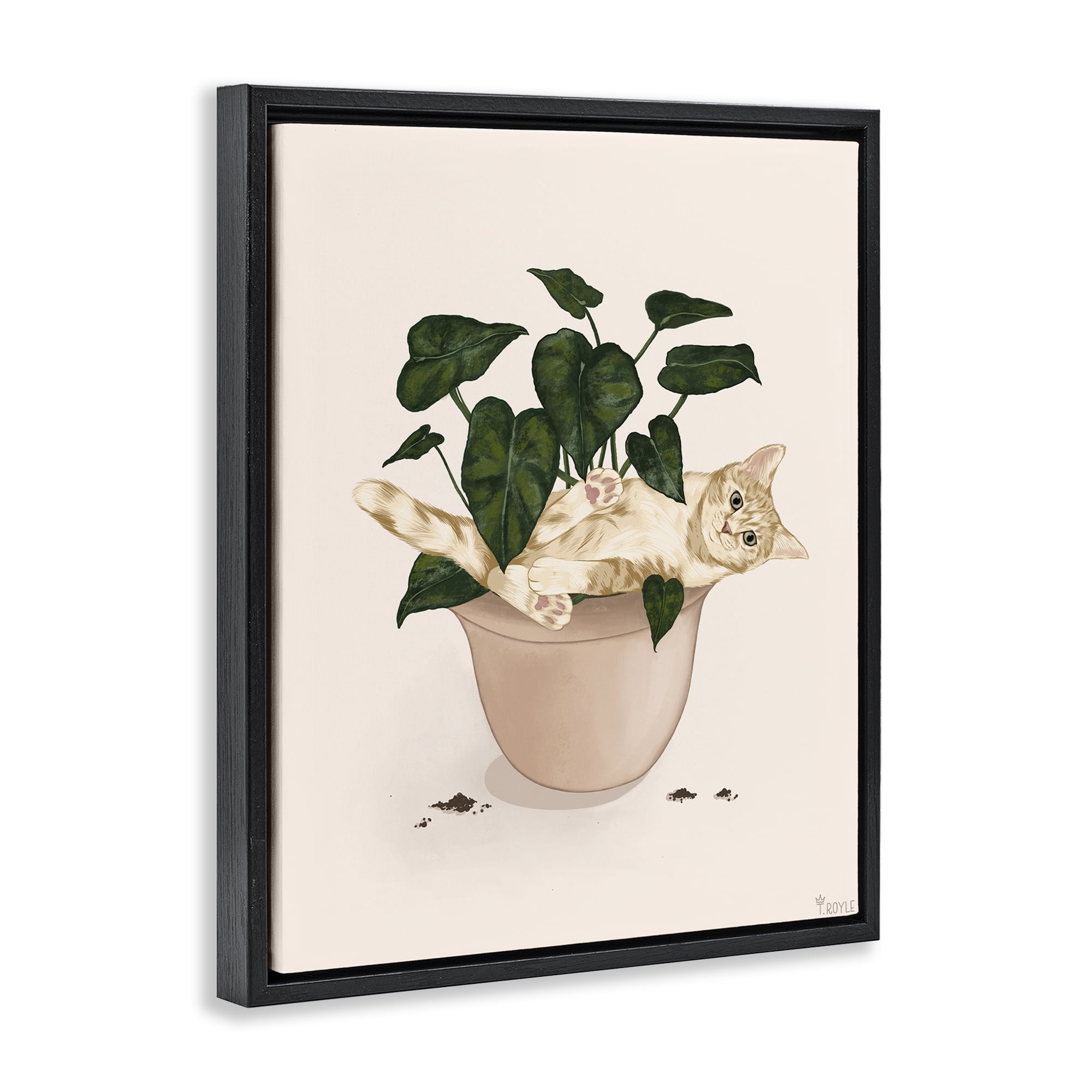 Stupell Industries Funny Cat in House Plant Animals & Insects Painting Black Floater Framed Canvas Art Print Wall Art, 17 x 21