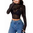 thumbnail image 3 of Women Rhinestone Sparkly Long Sleeve Sheer Crop Top See Through Shirt Glitter Going Out Tops Black L, 3 of 9
