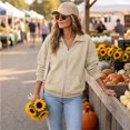 thumbnail image 7 of Womens Fall Zip Up Sweatshirts No Hood Oversized Casual Classic Long Sleeve Collar Full Zipper Jackets with Pockets Khaki S, 7 of 7