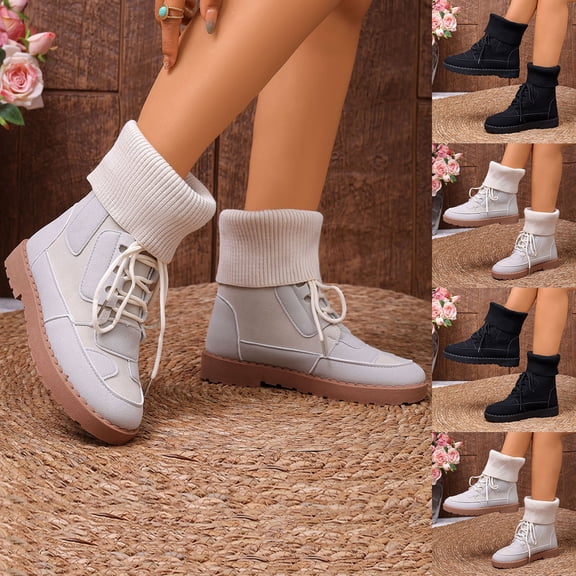 Mid Calf Boots for Women Round Toe Thickened Velvet Solid Color Boots Casual Lace-Up Fall Winter Comfortable Thick Soled Short Boots