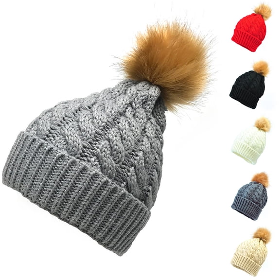 UTSJKR Women Knit Slouchy Crochet Beanie Hat with Faux Fur Pompom Winter Soft Warm Thick Warm Ear Protection Hood White