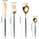thumbnail image 4 of Juego de cubiertos de oro verde de 4 piezas, juego de cubiertos de acero inoxidable 18/10 que incluye cuchillo, tenedor, cuchara, juego de utensilios de cocina, T,11 Feliz Sencillez, 4 of 5