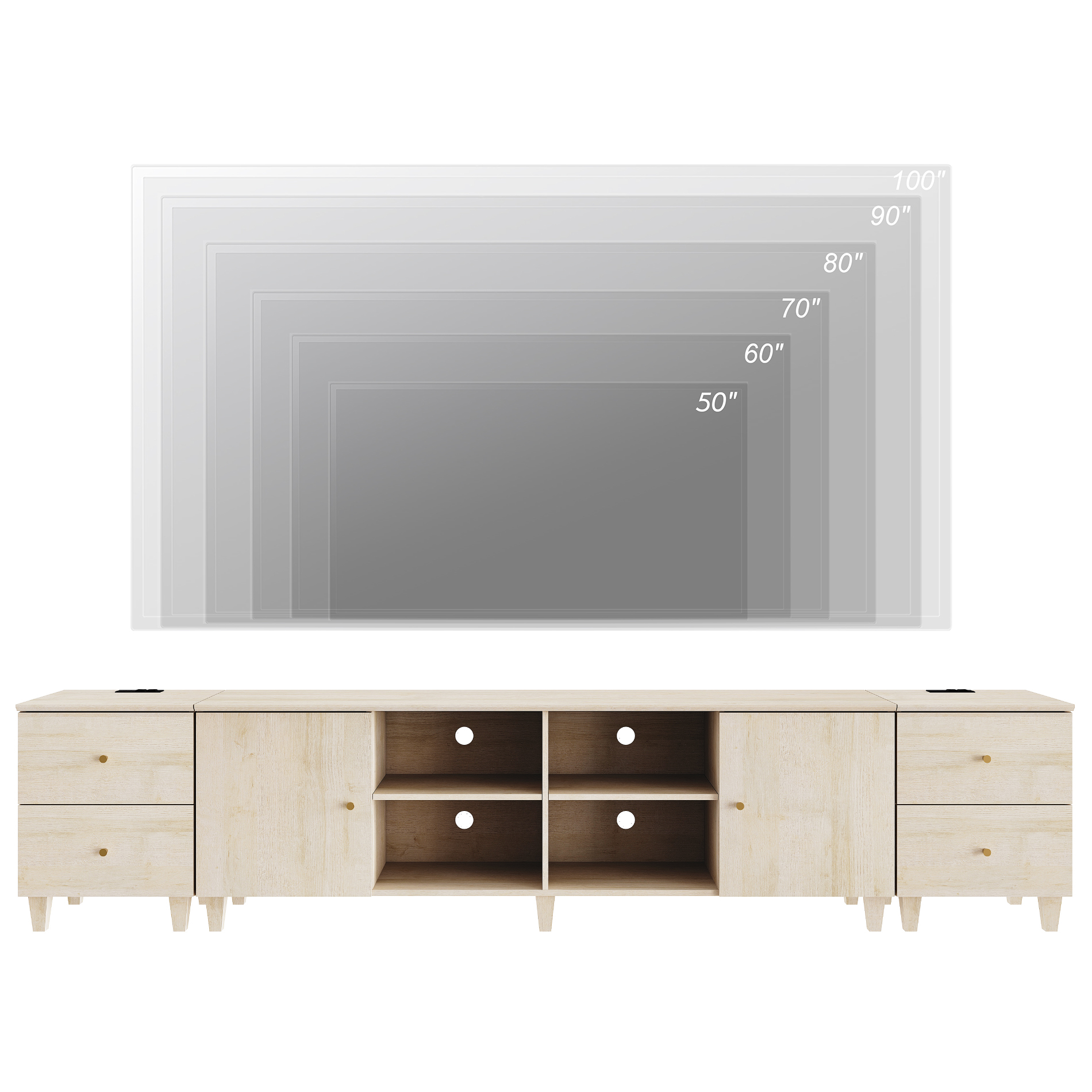 WAMPAT 3-in-1 TV Stand with Doors and Charging Station, 105" Modern Wood Entertainment Center Media Console for 110+ inch TVs, Light Oak