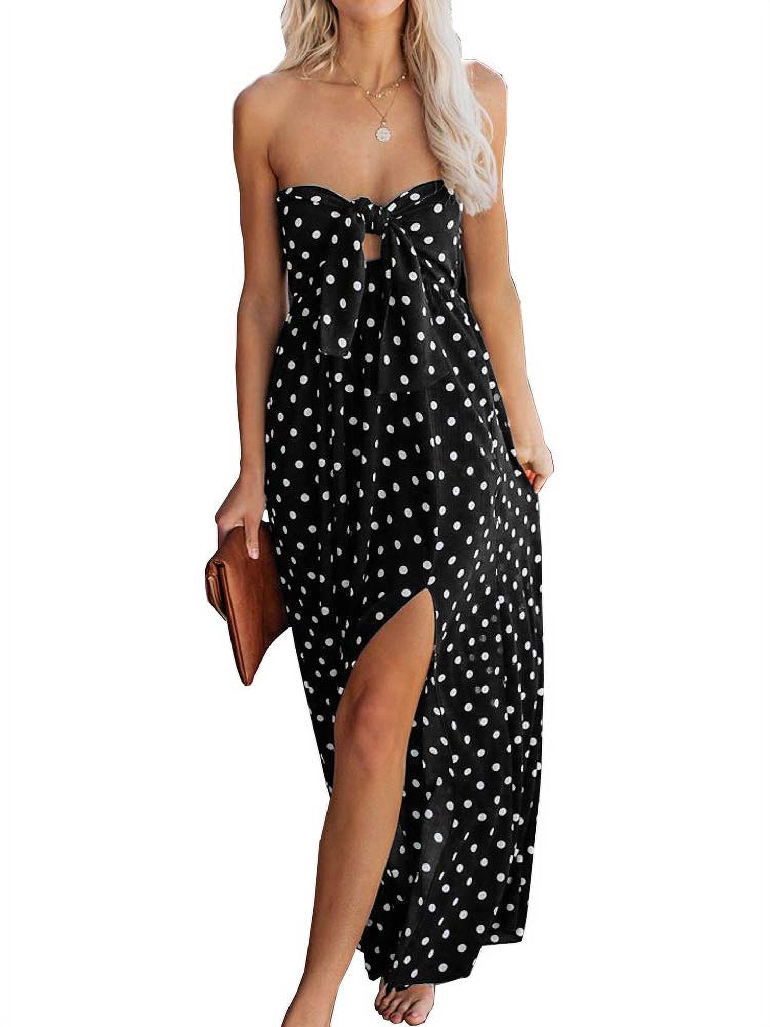 NGMQ Womens Polka Dot Strapless Maxi Dress Tie Knot Bandeau Split