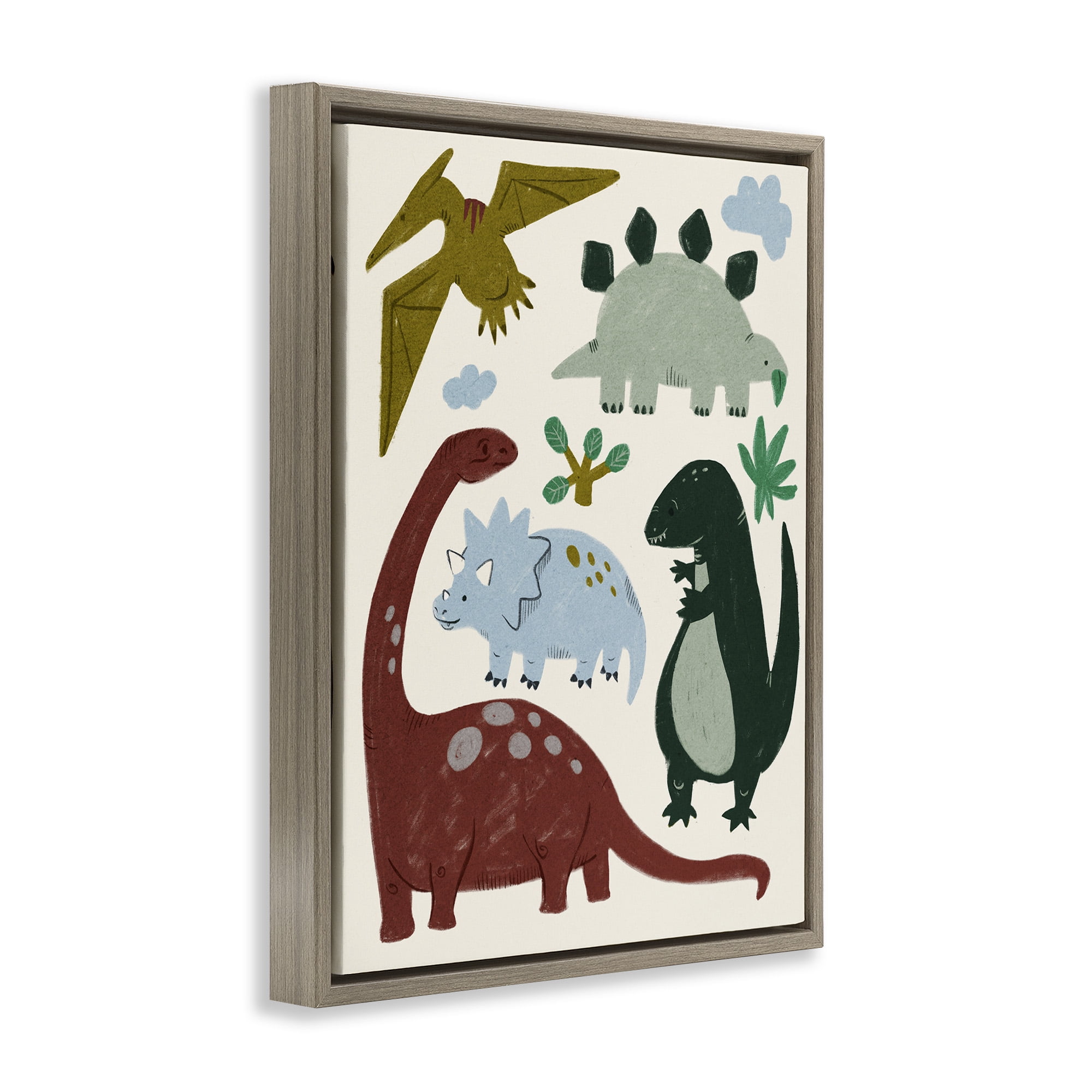 Stupell Industries Colorful Cartoon Dinosaur Friends Animals & Insects Painting Brown Floater Framed Canvas Art Print Wall Art, 17 x 21