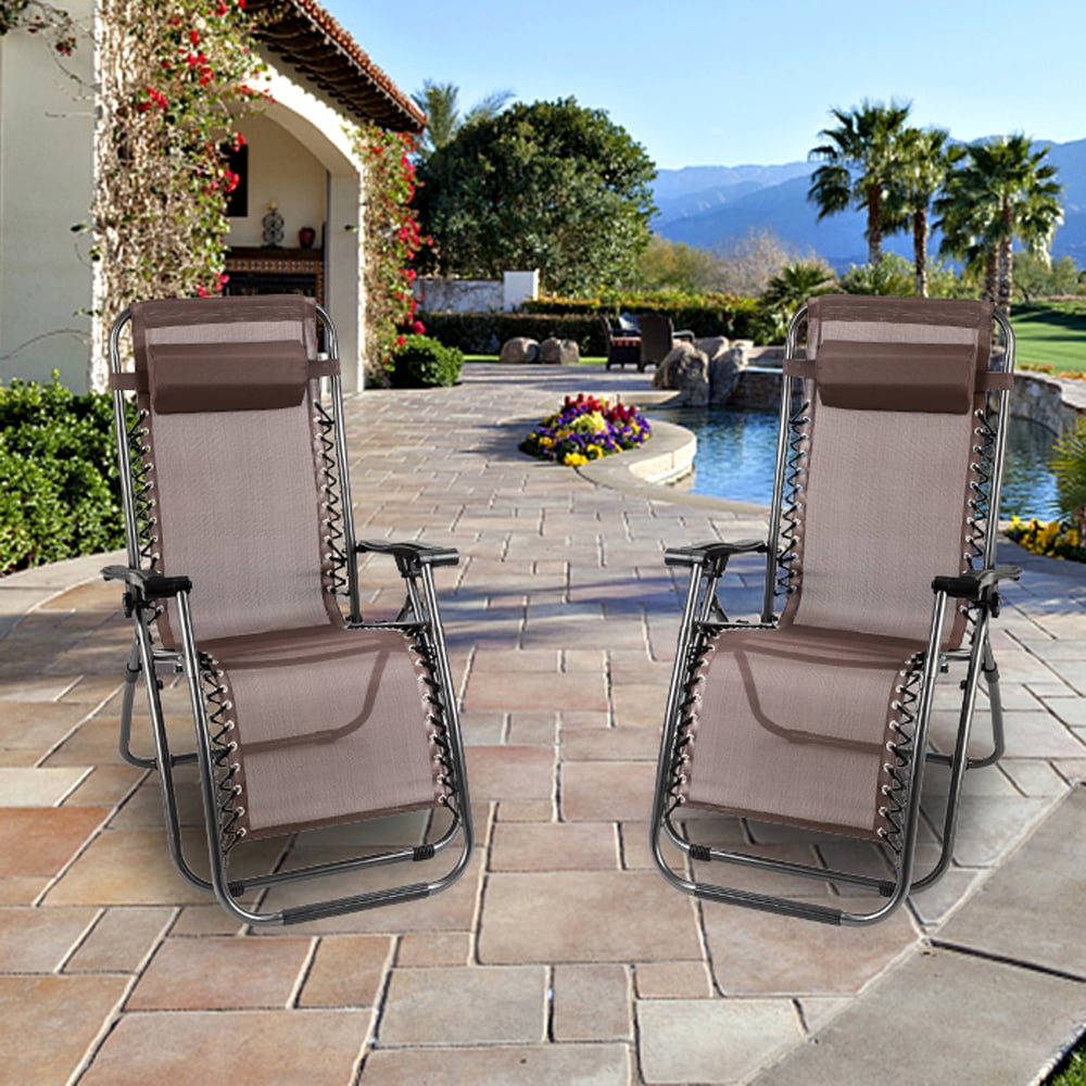 Brown Pool 2 Pcs Reclining Chair Folding Lounge Chair Recliners Zero Gravity Chair with Cup Holder Table for Patio