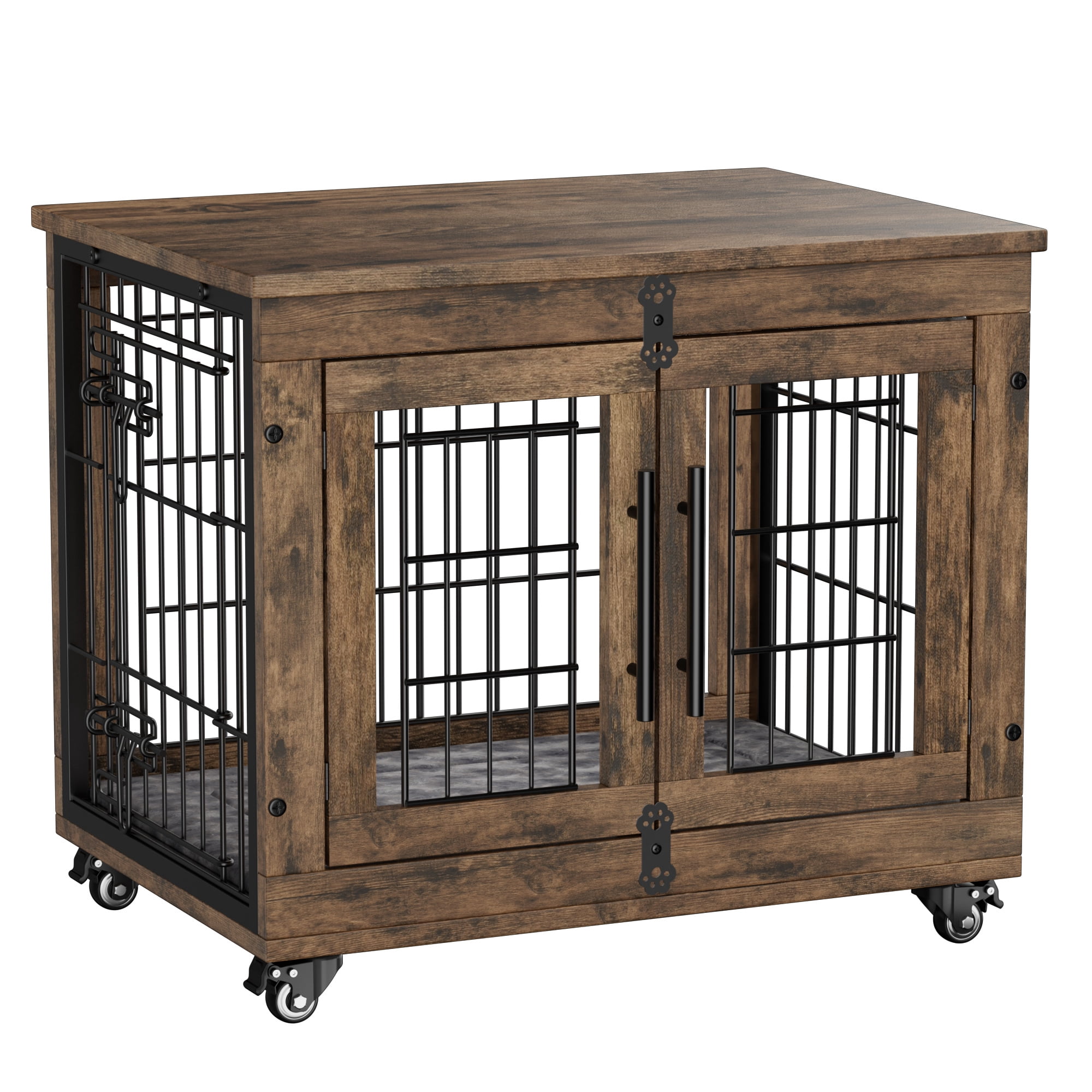 GIKPAL 27-Inch Dog Crate with Pads, 2-Door Heavy-Duty Indoor Wooden Dog Cage on Wheels for Small to Medium Dogs up to 30 lbs,Brown