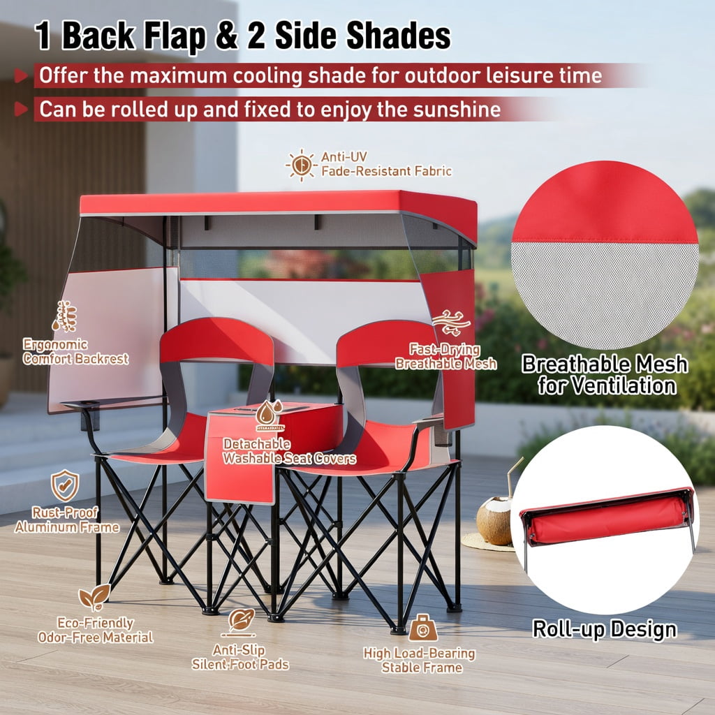 Hommoo Double Beach Chair with Adjustable UPF50+ Canopy, 3-Side Roll-Up Shade Curtains, Built-in Cooler Bag & Mesh Ventilation, Red