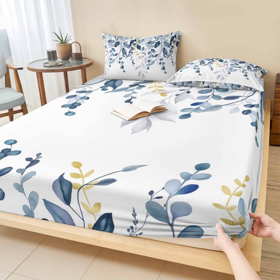 Full Size Fitted Sheet Set - Teal Blue Eucalyptus Leaves 3 Piece Bedding Sets 16" Deep Pocket Fitted Sheet with 2 Pillowcases Farmhouse Botanical Watercolor Brushed Microfiber Hotel Luxury Bed Sheets