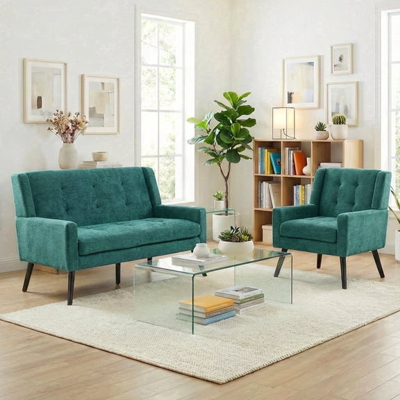 Wansaly Mid-Century Adult Plush Linen Fabric Loveseats with Button Tufted High Back and Solid Wood Legs, Green, 2-Piece Set
