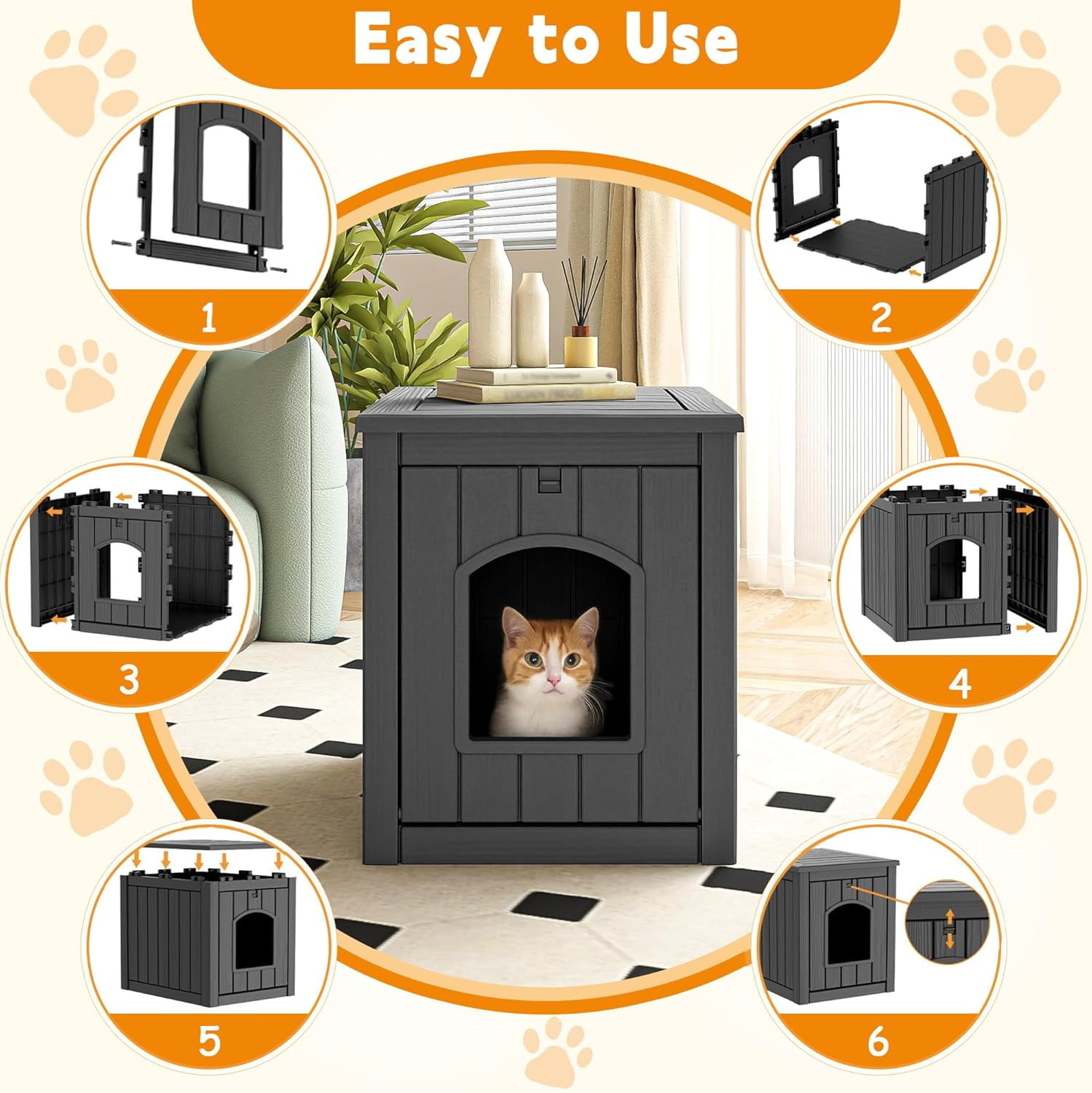 Favory Hidden Cat Litter Box Enclosure Furniture, Indoor Outdoor Cat House Side Table with Openable Door & Raised Floor, Easy Clean Assemble, Black
