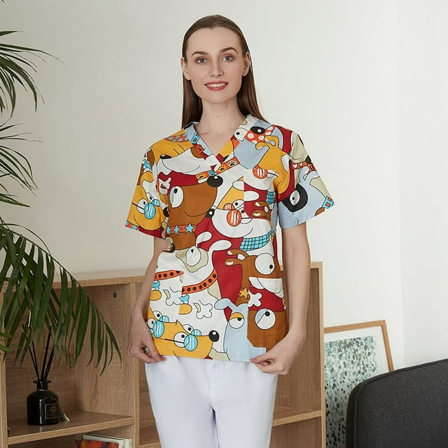 Uniforme de enfermera con estampado de dibujos animados para mujer, camiseta de manga corta con cuello en V, bata quirúrgica, uniforme de trabajo para hombre