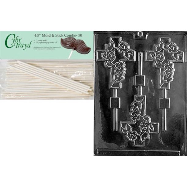 Cybrtrayd Fancy Cross Lolly Chocolate Candy Mold with 50 4.5Inch