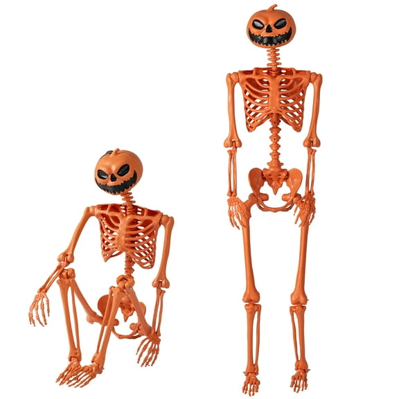 Gymax 5.2 Ft Halloween Skeleton Decoration w/ Pumpkin Head 7 Moving Joints Orange