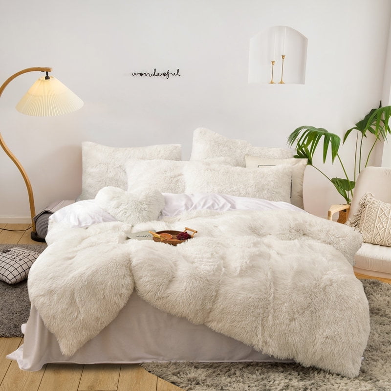 Beige Faux Fur Bedding Duvet Cover Sets, What Is The Size Of A Queen Bed Duvet Cover