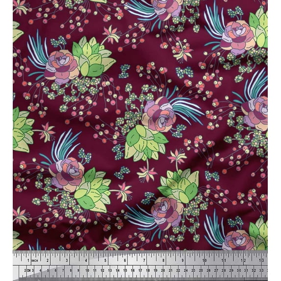Soimoi Cotton Poplin Fabric Leaves,Berries & Rose Floral Decor Fabric Printed Yard 56 Inch Wide