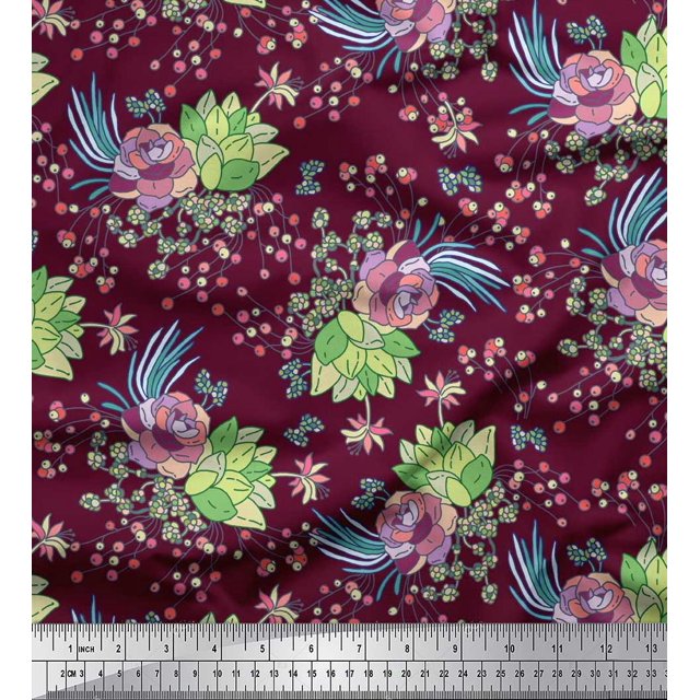 Soimoi Tissu en Velours Feuilles, Baies & Roses Imprimés Floraux au Mètre 58 Pouces de Large