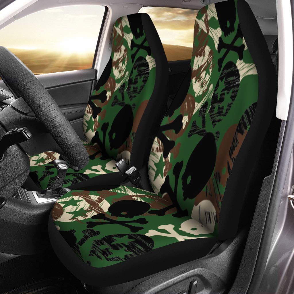 FMSHPON Set of 2 Car Seat Covers Green Pattern Camouflage Star Skull Backgound Rock Skateboard Roll Universal Auto Front Seats Protector Fits for Car,SUV Sedan,Truck
