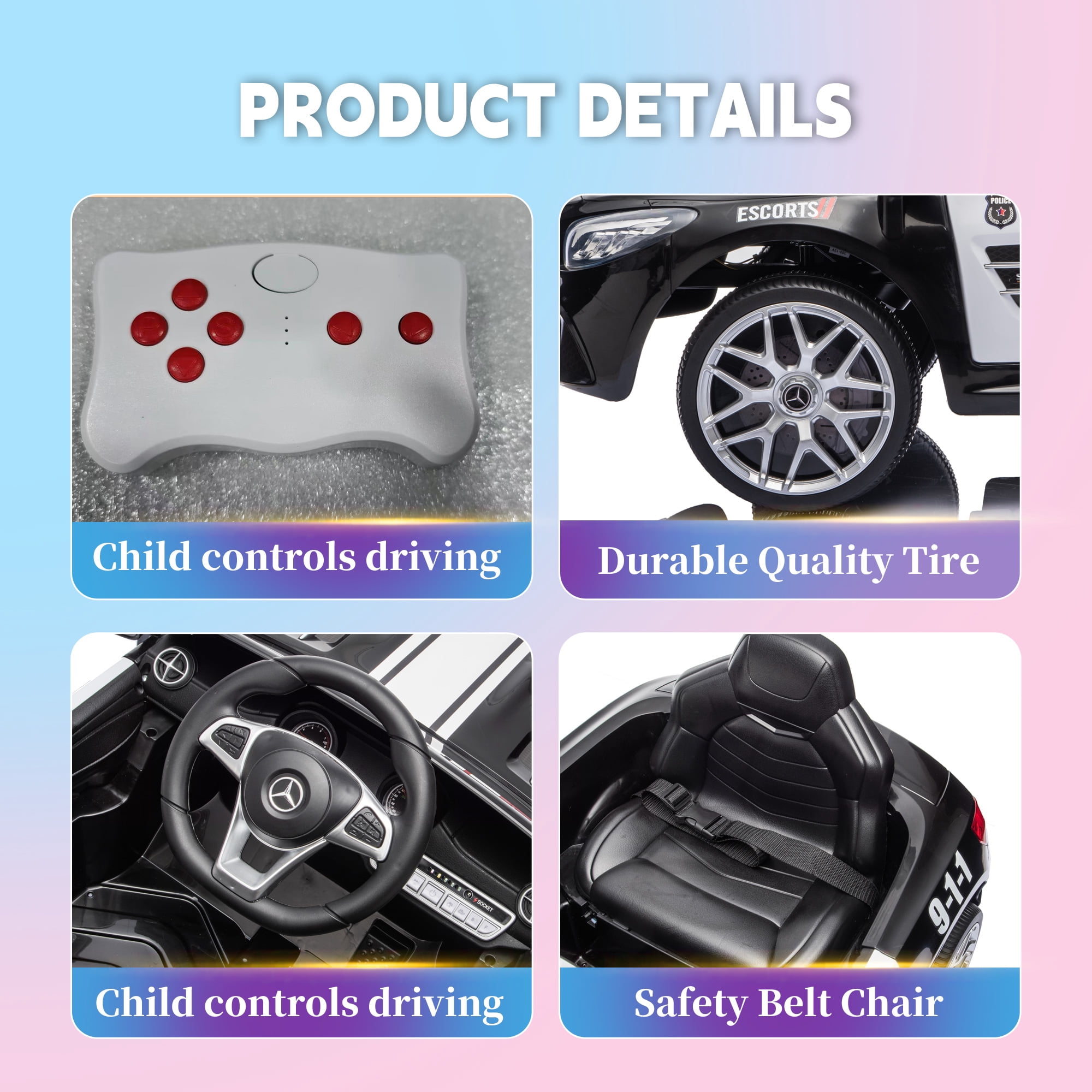 Xuanlur 12V Power Ride on Toys for Toddlers, Licensed Mercedes-Benz Ride on Cars for Kids, Kid Electric Car, Aged 1-4Y, Black Police Car