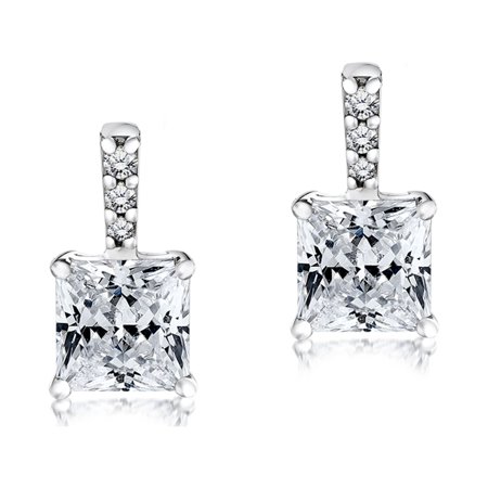 JeenMata Sparkling 1.75 Carat Princess Cut Moissanite Stud Earrings for Women in 18K White Gold over Silver