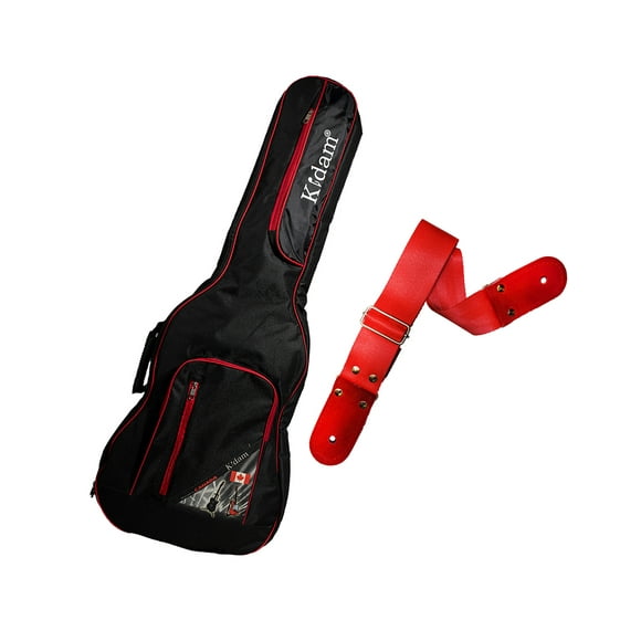 PAQUETE Estuche para guitarra eléctrica Funda para guitarra Gig bag, guitar case para trasporte y protección, color negro bordes rojos + Tahali strap correa Kidam LISO ROJO