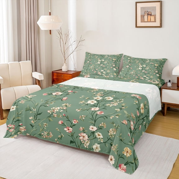jejeloiu Cute Flowers Blossom Twin Sheet Sets,White Green Pink Bedding For Girls Teens 3-Piece