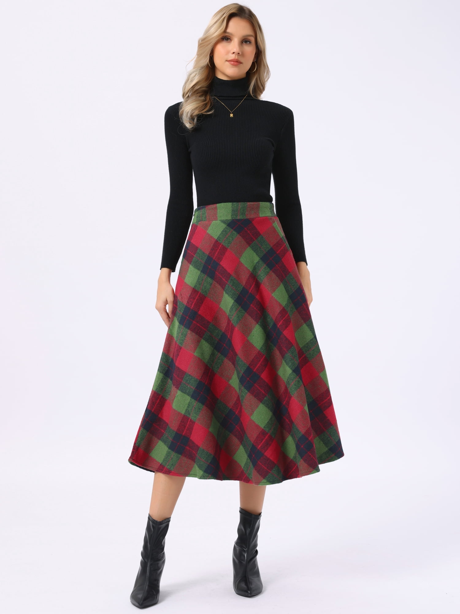 DARING DIVA Women's Vintage Plaid A-Line Work Long Maxi Skirt Medium Red Green