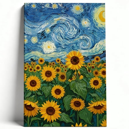 Premium Framed Canvas Wall Art - Van Gogh Starry Night Inspired Sunflower Field, Vibrant Nature Decor For Living Room Bedroom Office, Easy To Hang, High-Definition Print 8*12inch(20*30cm)