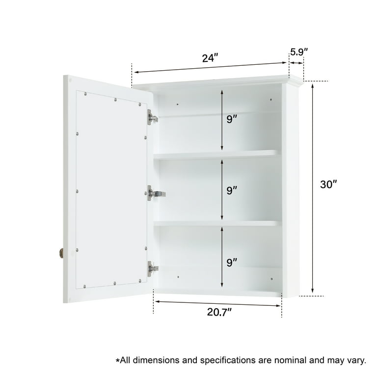 24x 30 Wall Mounted Bathroom Medicine Cabinet with Mirror, 3 Tier Wooden Mirror  Cabinet Storage Organizer with 2 Shelves Single Soft-Close Door, White 