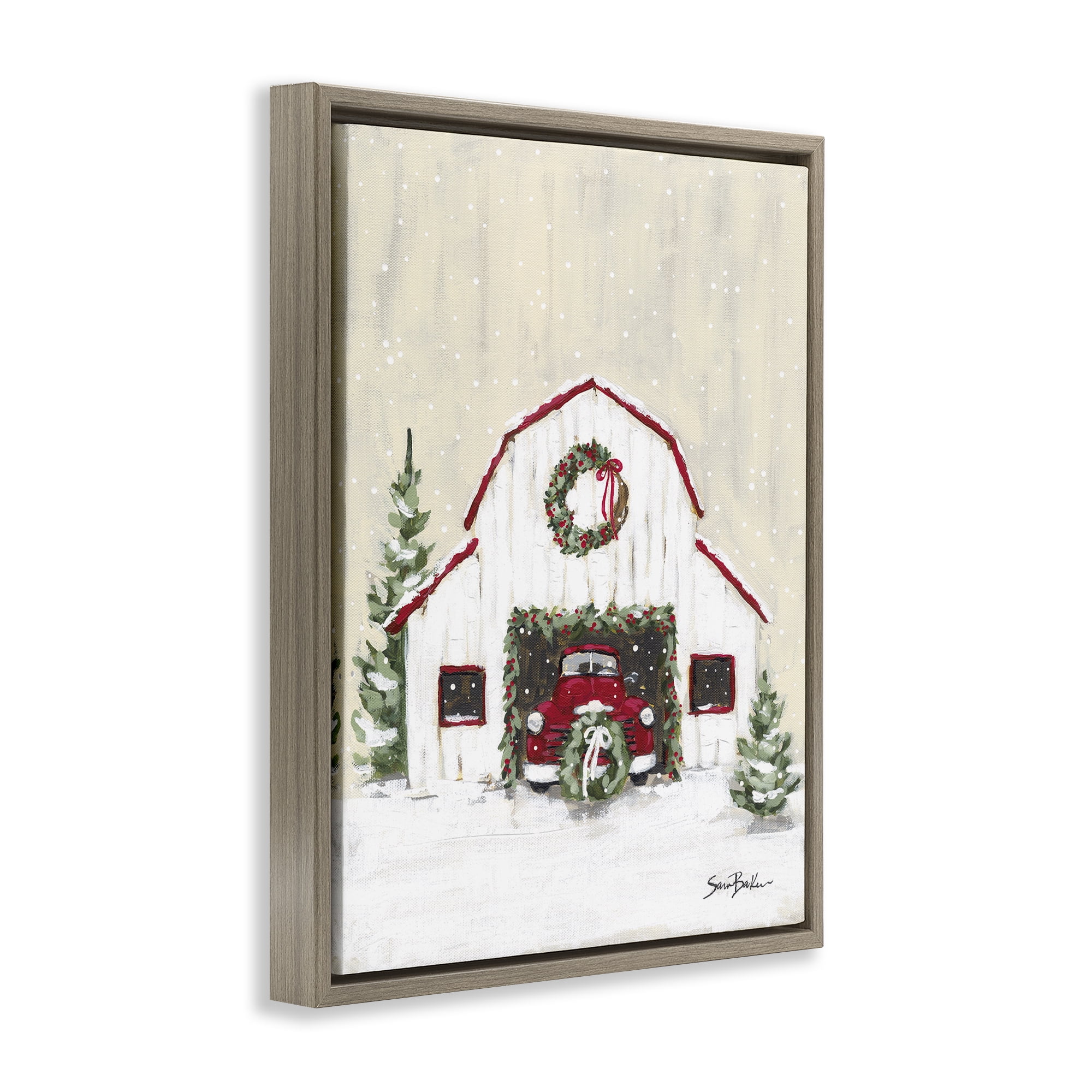 Stupell Industries Seasonal Garlands Barn Holiday Painting Brown Floater Framed Canvas Art Prints Wall Art, 25 x 31