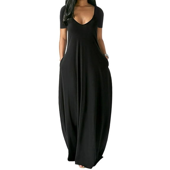EFINNY Women's Maxi Dress with Pockets Short Sleeved Rayon Extra Long Dresses