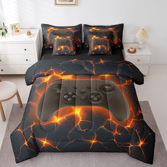 Erosebridal Literie de Jeu pour Garçons, Format Grand Lit, pour Enfants et Ados, Ensembles de Literie à Flammes Noires et Orange, Format Grand Lit, Réversible, Léger, 7 Pcs