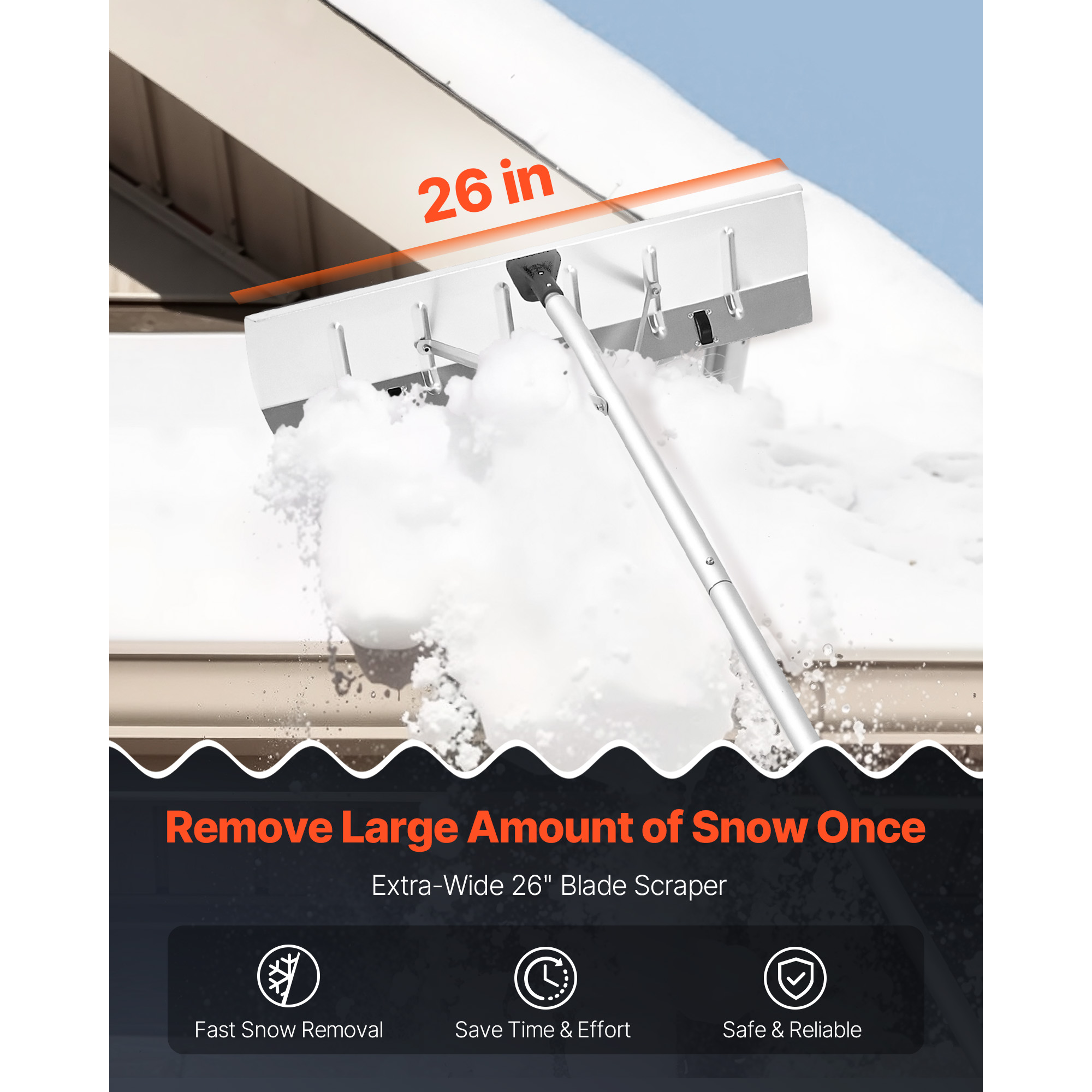 KFFKFF Snow Roof Rake, 26 in Aluminum Blade, 7.5-20 ft Adjustable Roof Snow Scraper with Wheels, Anti-Slip Handle for Snow, Leaves, and Debris Removal