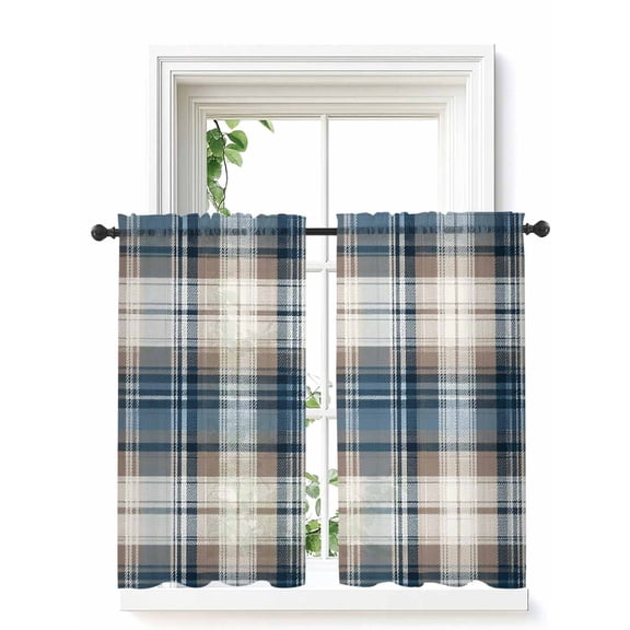 Blue Brown Plaid Curtains 54 Inch Length, Sheer Curtains for Bedroom Living Room Window Vintage Abstract Stripes Lattice Rod Pocket Voile Drapes Kitchen Curtains Small Half Window 42"x54" 2 Panels