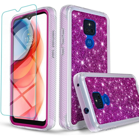 Motorola G Play Case, [Not Fit Moto G7/G9 Play] with [Tempered Glass Screen Protector Included], Military Grade 12 Feet Drop Proof Phone Cover With Glitter Spot Diamond-Purple
