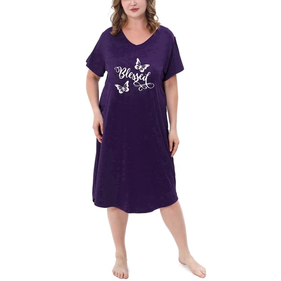 FEREMO Plus Size Nightgowns for Women V Neck Short Sleeve Nightshirts Sleepwear