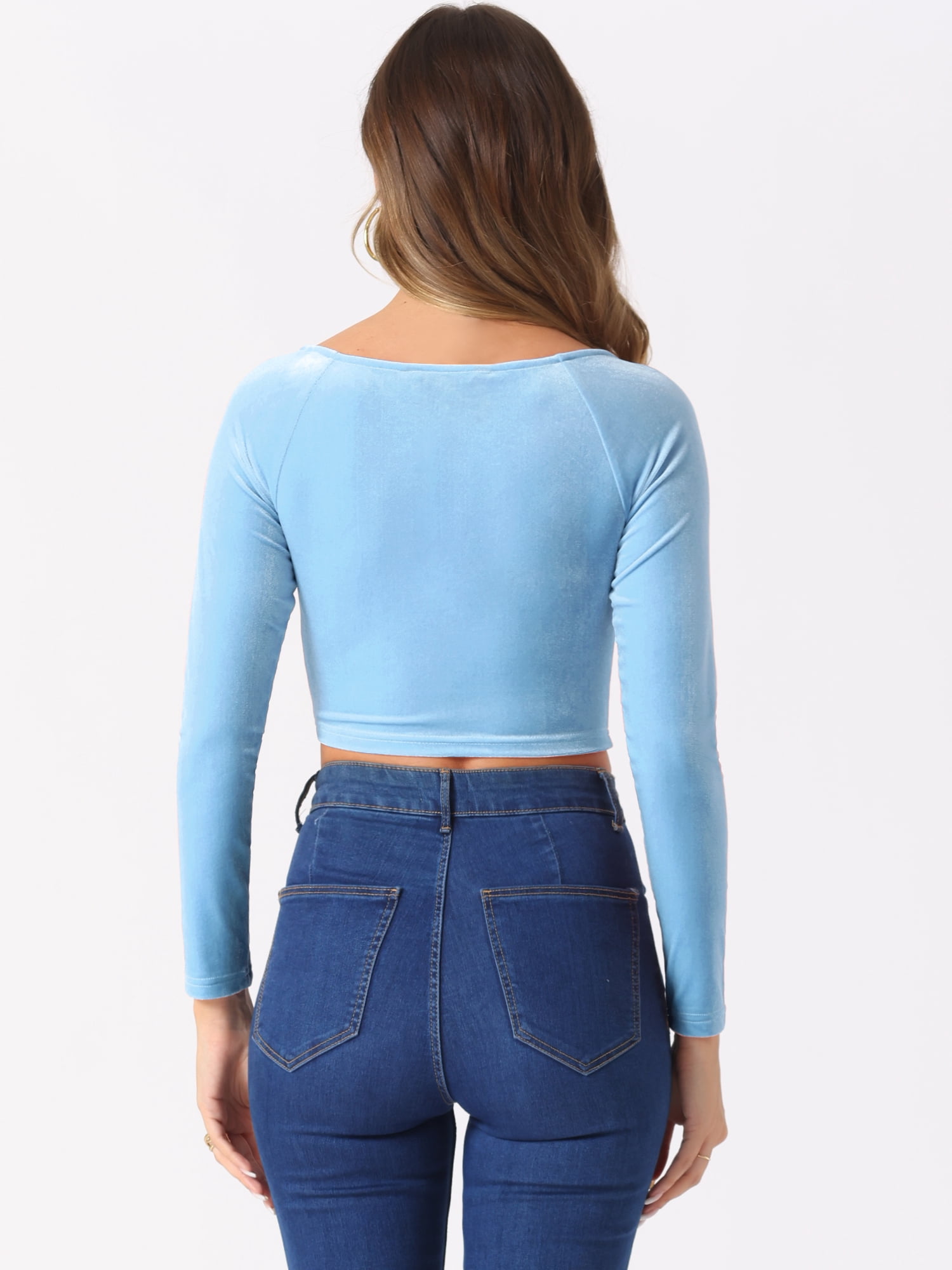 DARING DIVA Women's Velvet Long Sleeve Scoop Neck Solid Crop Top S Light Blue