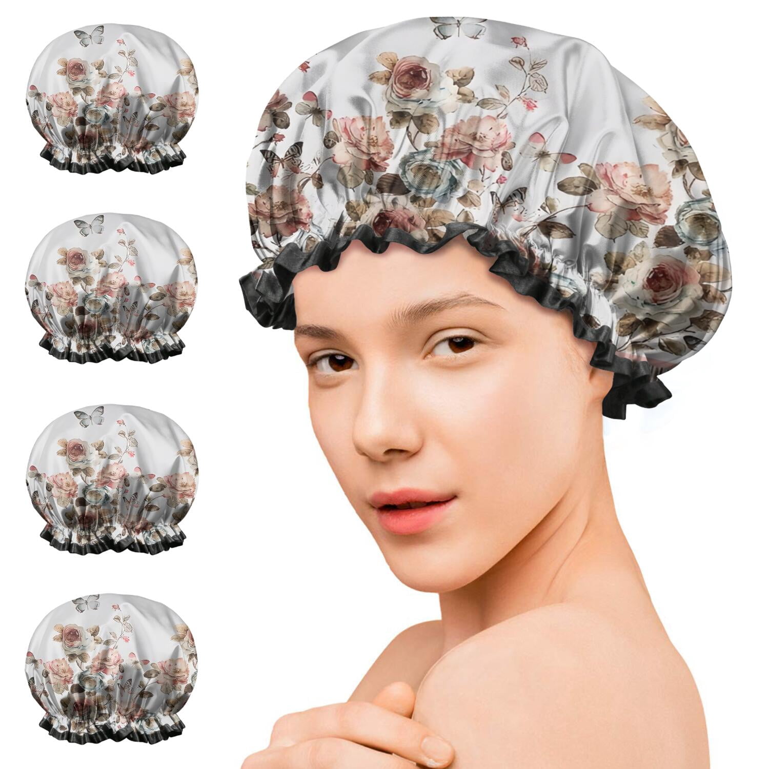 Shower Caps,White Butterfly Rose Pattern Waterproof Shower Cap for Women 4 Pieces,Double Reusable Hair Cover for Shower PEVA Elastic Stretch Hem