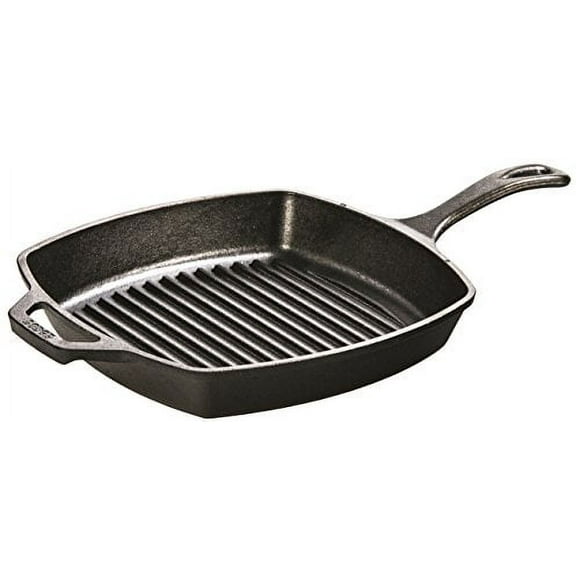 Lodge 10.5 Inch Square Pre-Seasoned Cast Iron Grill Pan with Easy Grease Draining