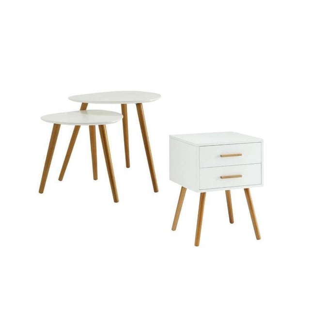 Ensemble de 3 Tables d'Appoint et Tables Gigognes en Naturel et Blanc