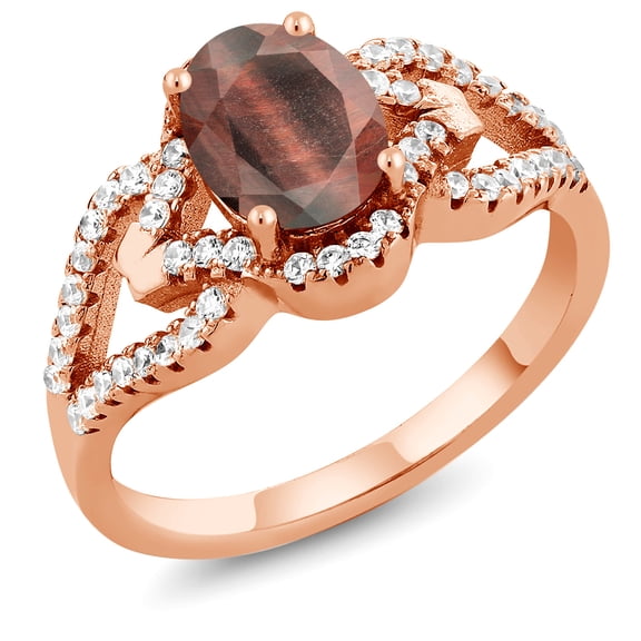 Gem Stone King 1.91 Ct Oval Red Tiger Eye 18K Rose Gold Plated Silver Ring (Size 5)
