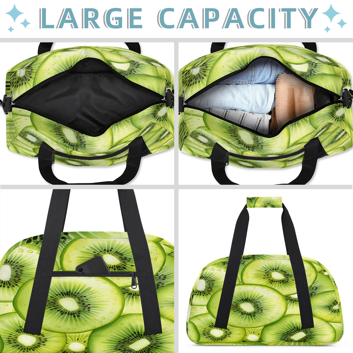 Herdesigns Kiwifruit Sports Duffle Bag for Women & Men, Summer Tropical Fruits Green Gym Bag Dance Bag Overnight Bag Carry On Weekender Travel Bag