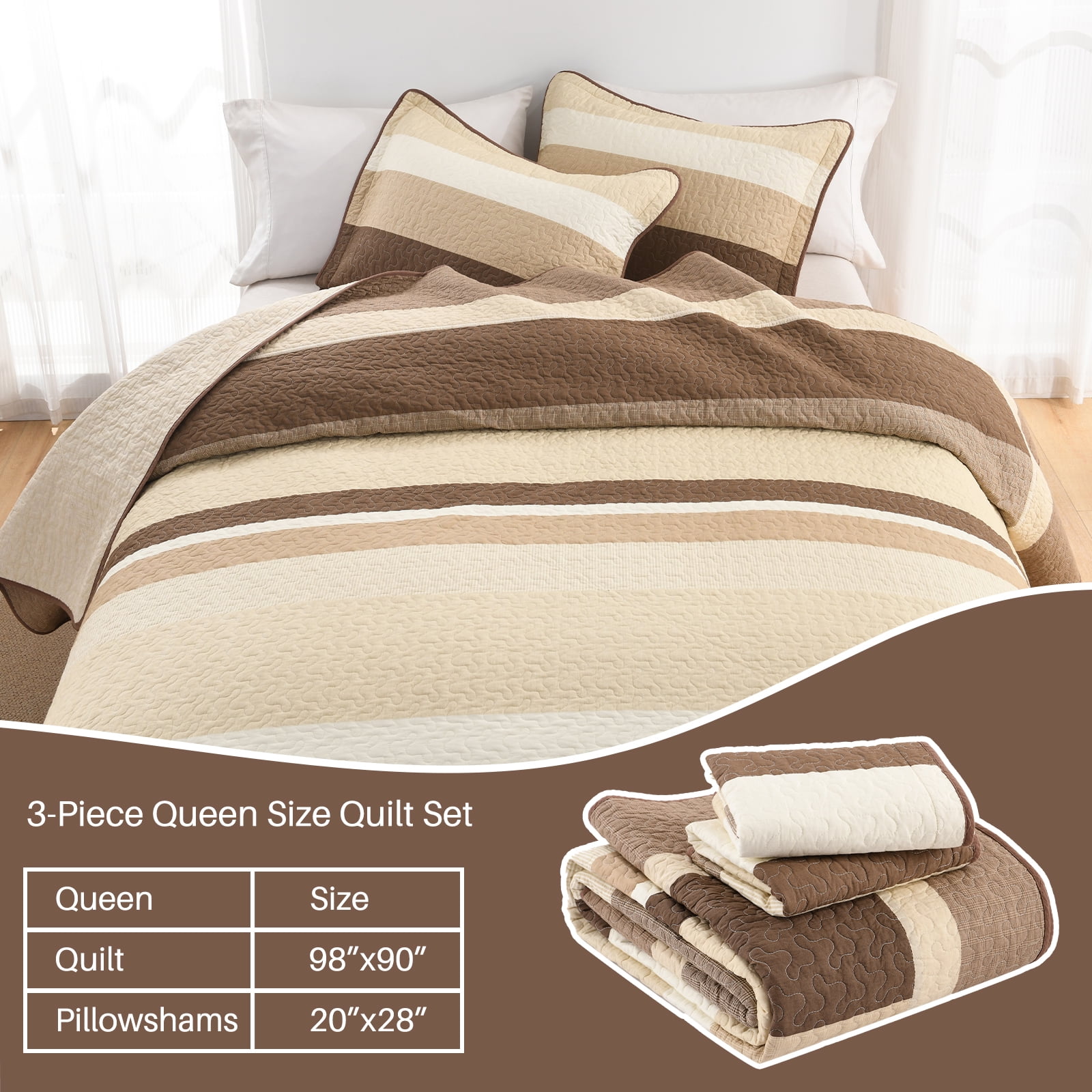 Bedduvit Striped Queen Size Quilts - 100% Organic Cotton Quilt Queen, Brown Black Beige Farmhouse Lightweight Bedspread Set for Queen Bed, Modern Neutral All-Season 3-Piece Comforter Set, 98"x90"