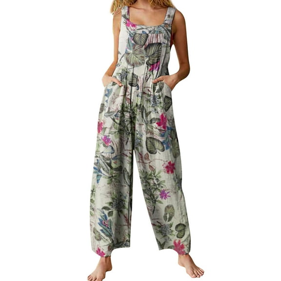 Michellecmm Women Plus Sizes Jumpsuit Ladies Summer Leaf Floral Print Square Neck Sleeveless Casual Overalls with Pockets